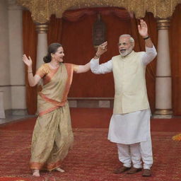 Narendra Modi and Sonia Gandhi, two of India's prominent political figures, captured in a joyful, respectful dance. The background is a grand Indian-themed banquet hall.