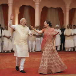 Narendra Modi and Sonia Gandhi, two of India's prominent political figures, captured in a joyful, respectful dance. The background is a grand Indian-themed banquet hall.