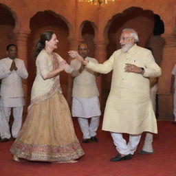 Narendra Modi and Sonia Gandhi, two of India's prominent political figures, captured in a joyful, respectful dance. The background is a grand Indian-themed banquet hall.