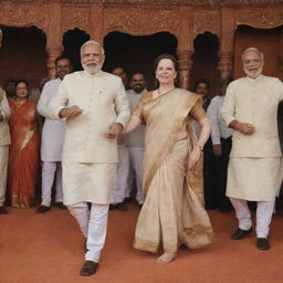 Narendra Modi and Sonia Gandhi, two of India's prominent political figures, captured in a joyful, respectful dance. The background is a grand Indian-themed banquet hall.