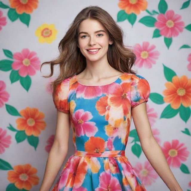 A youthful and energetic lady dressed in a vibrant, flowery dress