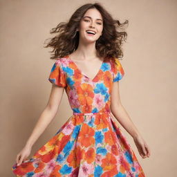 A youthful and energetic lady dressed in a vibrant, flowery dress