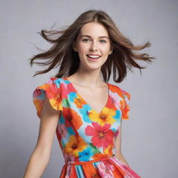 A youthful and energetic lady dressed in a vibrant, flowery dress