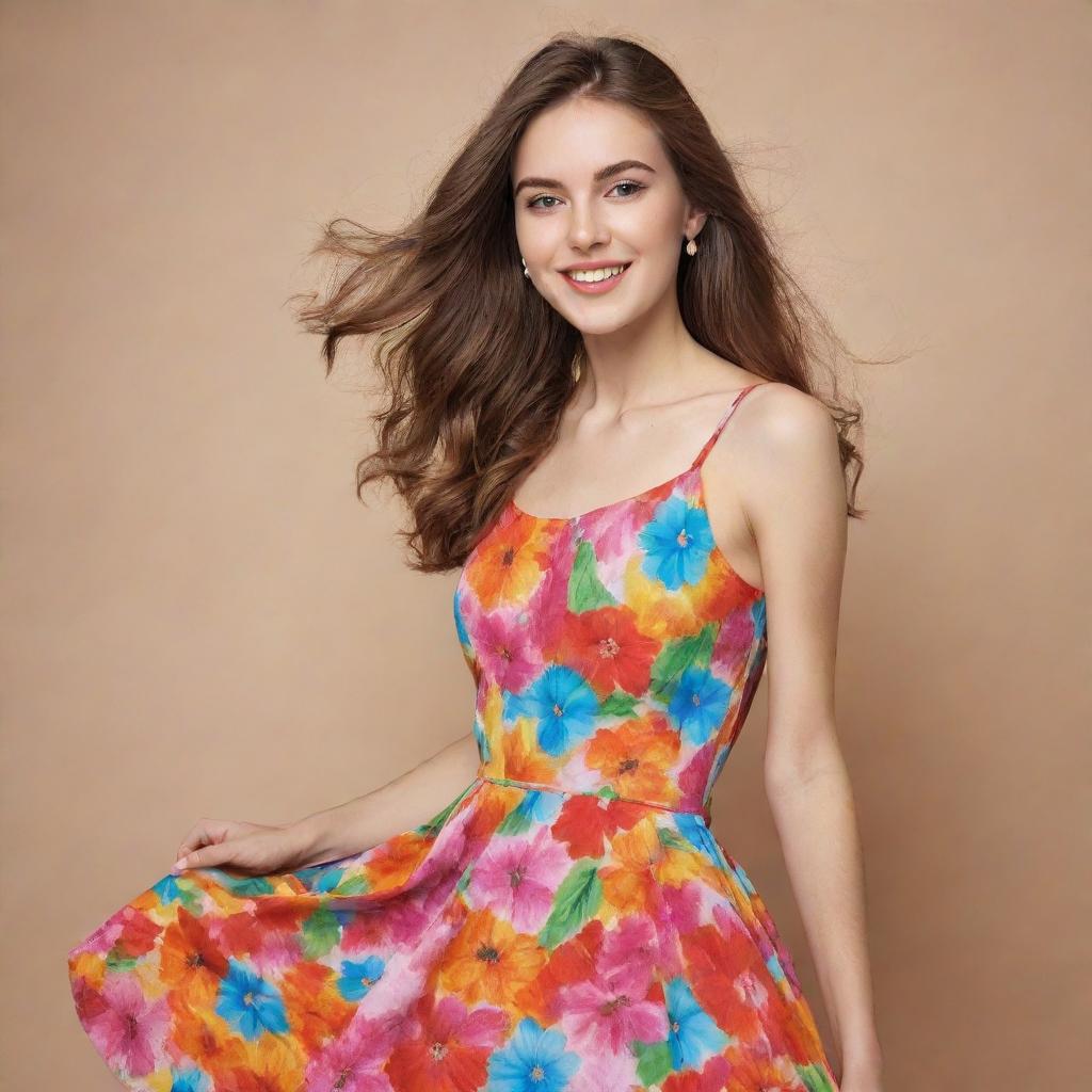 A youthful and energetic lady dressed in a vibrant, flowery dress