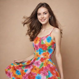 A youthful and energetic lady dressed in a vibrant, flowery dress