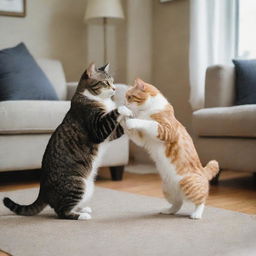 Two cats, coats bristling, eyes piercing, engaged in a playful wrestle against a backdrop of a cozy living room.