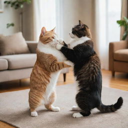 Two cats, coats bristling, eyes piercing, engaged in a playful wrestle against a backdrop of a cozy living room.