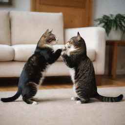 Two cats, coats bristling, eyes piercing, engaged in a playful wrestle against a backdrop of a cozy living room.