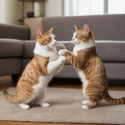 Two cats, coats bristling, eyes piercing, engaged in a playful wrestle against a backdrop of a cozy living room.