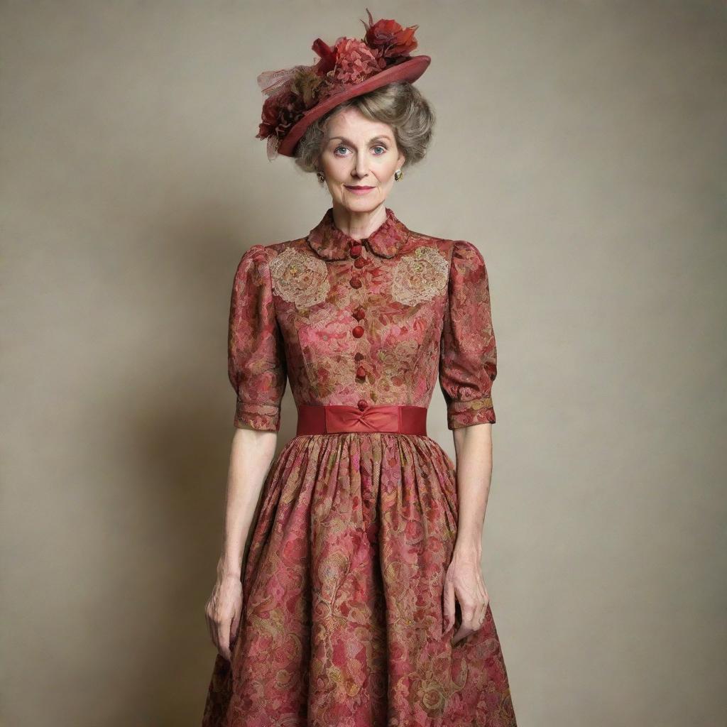 A playfully eccentric woman wearing a vintage, classic dress with intricate details