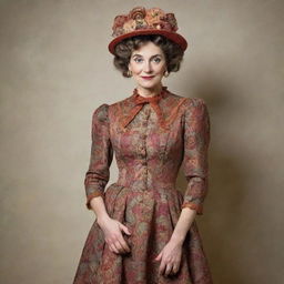 A playfully eccentric woman wearing a vintage, classic dress with intricate details