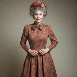 A playfully eccentric woman wearing a vintage, classic dress with intricate details