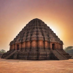 The Konark Sun Temple, an architectural marvel, illuminated by the golden rays of sunlight on Sankranthi day. The sky is painted in hues of oranges and reds, while the temple stands resplendent in all its historic grandeur