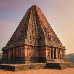 The Konark Sun Temple, an architectural marvel, illuminated by the golden rays of sunlight on Sankranthi day. The sky is painted in hues of oranges and reds, while the temple stands resplendent in all its historic grandeur