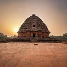 The Konark Sun Temple, an architectural marvel, illuminated by the golden rays of sunlight on Sankranthi day. The sky is painted in hues of oranges and reds, while the temple stands resplendent in all its historic grandeur