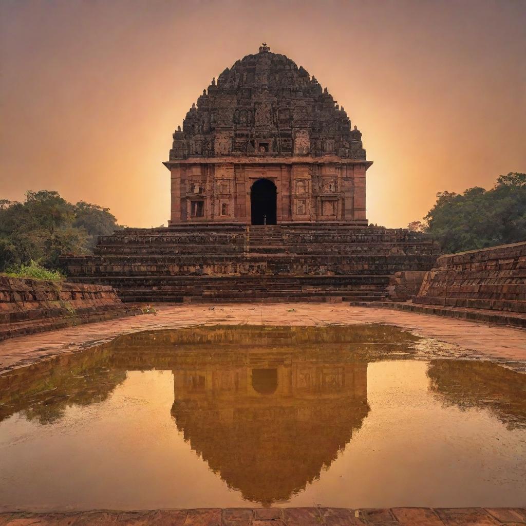 The Konark Sun Temple, an architectural marvel, illuminated by the golden rays of sunlight on Sankranthi day. The sky is painted in hues of oranges and reds, while the temple stands resplendent in all its historic grandeur