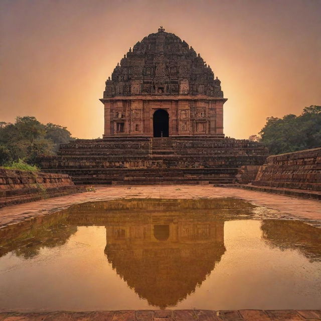 The Konark Sun Temple, an architectural marvel, illuminated by the golden rays of sunlight on Sankranthi day. The sky is painted in hues of oranges and reds, while the temple stands resplendent in all its historic grandeur