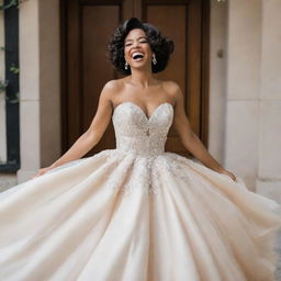 A lively woman laughing and twirling in an elegant, classic ball gown, radiating joy and grace