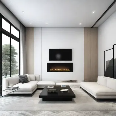 The living room design ideally combines modern and minimalist elements.