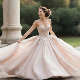 A lively woman laughing and twirling in an elegant, classic ball gown, radiating joy and grace