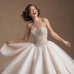 A lively woman laughing and twirling in an elegant, classic ball gown, radiating joy and grace