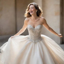 A lively woman laughing and twirling in an elegant, classic ball gown, radiating joy and grace