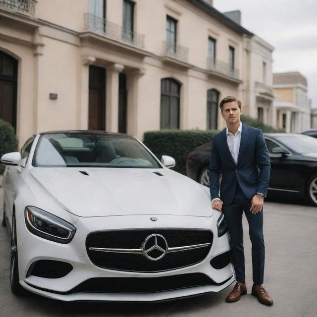 A stylishly dressed man standing next to an expensive luxury car parked on the street of an affluent neighborhood