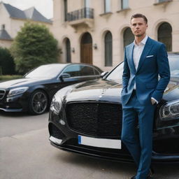 A stylishly dressed man standing next to an expensive luxury car parked on the street of an affluent neighborhood