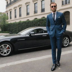 A stylishly dressed man standing next to an expensive luxury car parked on the street of an affluent neighborhood