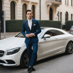 A stylishly dressed man standing next to an expensive luxury car parked on the street of an affluent neighborhood