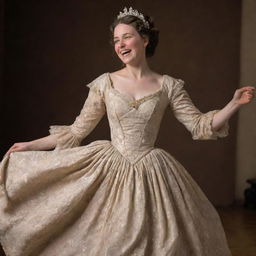 A jovial woman dancing and laughing heartily, draped in an intricately designed gown from the 1800s era