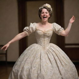 A jovial woman dancing and laughing heartily, draped in an intricately designed gown from the 1800s era