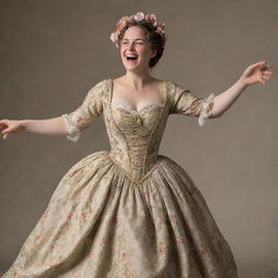 A jovial woman dancing and laughing heartily, draped in an intricately designed gown from the 1800s era