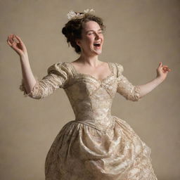 A jovial woman dancing and laughing heartily, draped in an intricately designed gown from the 1800s era