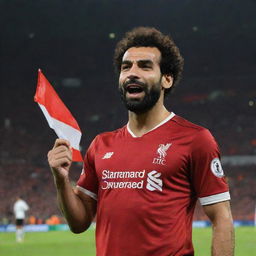 Mohamed Salah, in his iconic red Liverpool FC kit, passionately holding the Egyptian flag. Expression of national pride shines on his face under the stadium lights.