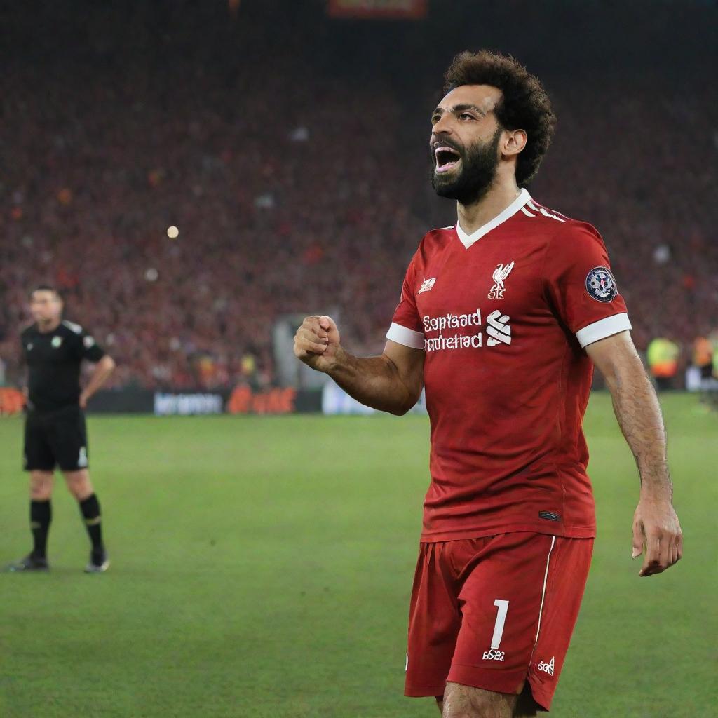 Mohamed Salah, in his iconic red Liverpool FC kit, passionately holding the Egyptian flag. Expression of national pride shines on his face under the stadium lights.