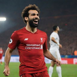 Mohamed Salah, in his iconic red Liverpool FC kit, passionately holding the Egyptian flag. Expression of national pride shines on his face under the stadium lights.