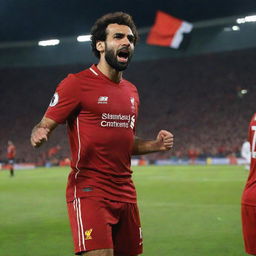 Mohamed Salah, in his iconic red Liverpool FC kit, passionately holding the Egyptian flag. Expression of national pride shines on his face under the stadium lights.