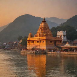 A grand Sun God temple in Haridwar, India, situated against the backdrop of the holy Ganges River, beautifully illuminated by the golden rays of the setting sun.