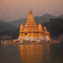 A grand Sun God temple in Haridwar, India, situated against the backdrop of the holy Ganges River, beautifully illuminated by the golden rays of the setting sun.