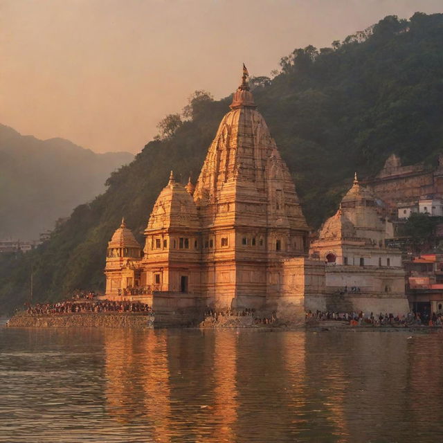 A grand Sun God temple in Haridwar, India, situated against the backdrop of the holy Ganges River, beautifully illuminated by the golden rays of the setting sun.