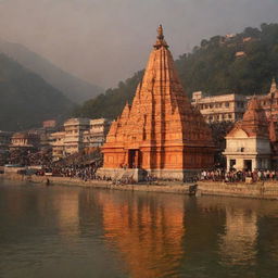 A grand Sun God temple in Haridwar, India, situated against the backdrop of the holy Ganges River, beautifully illuminated by the golden rays of the setting sun.