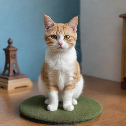 The previously upset cat now confidently standing over a miniature world, its fur still standing on edge while it shows a smirk of triumph.