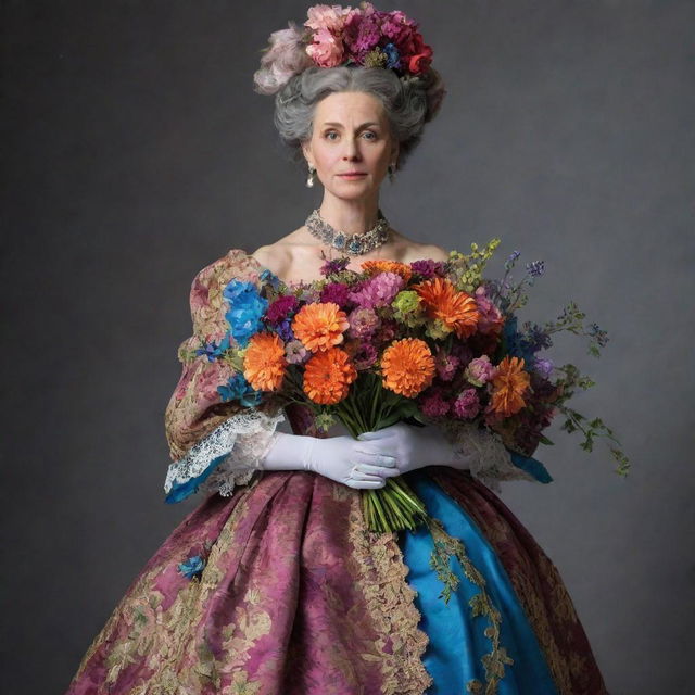 An eccentric woman clutching a vibrant bouquet, wearing an ornate gown from the 1700s era