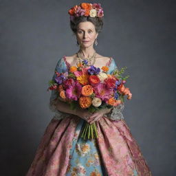 An eccentric woman clutching a vibrant bouquet, wearing an ornate gown from the 1700s era