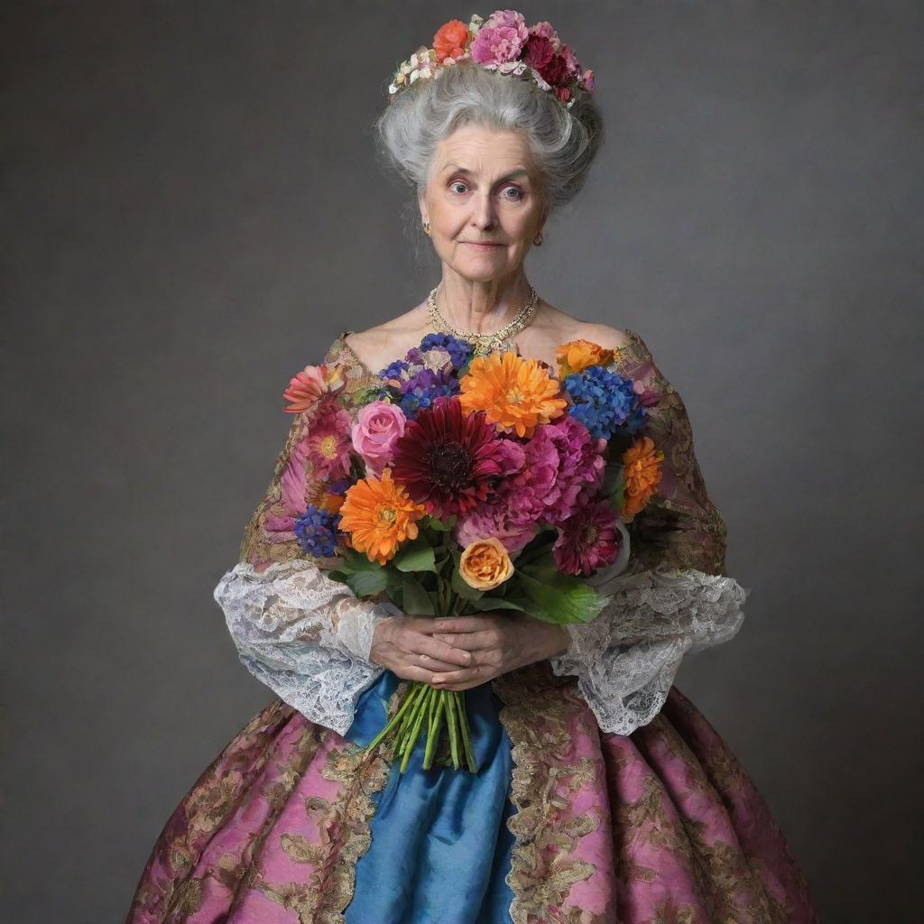 An eccentric woman clutching a vibrant bouquet, wearing an ornate gown from the 1700s era