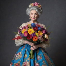 An eccentric woman clutching a vibrant bouquet, wearing an ornate gown from the 1700s era