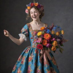 An eccentric young girl holding a vibrant bouquet, dancing and laughing vivaciously while wearing an ornate 1700s era gown