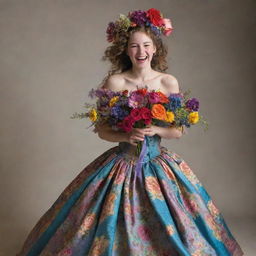 An eccentric young girl holding a vibrant bouquet, dancing and laughing vivaciously while wearing an ornate 1700s era gown