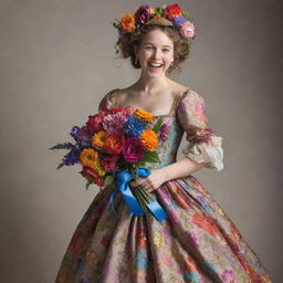 An eccentric young girl holding a vibrant bouquet, dancing and laughing vivaciously while wearing an ornate 1700s era gown